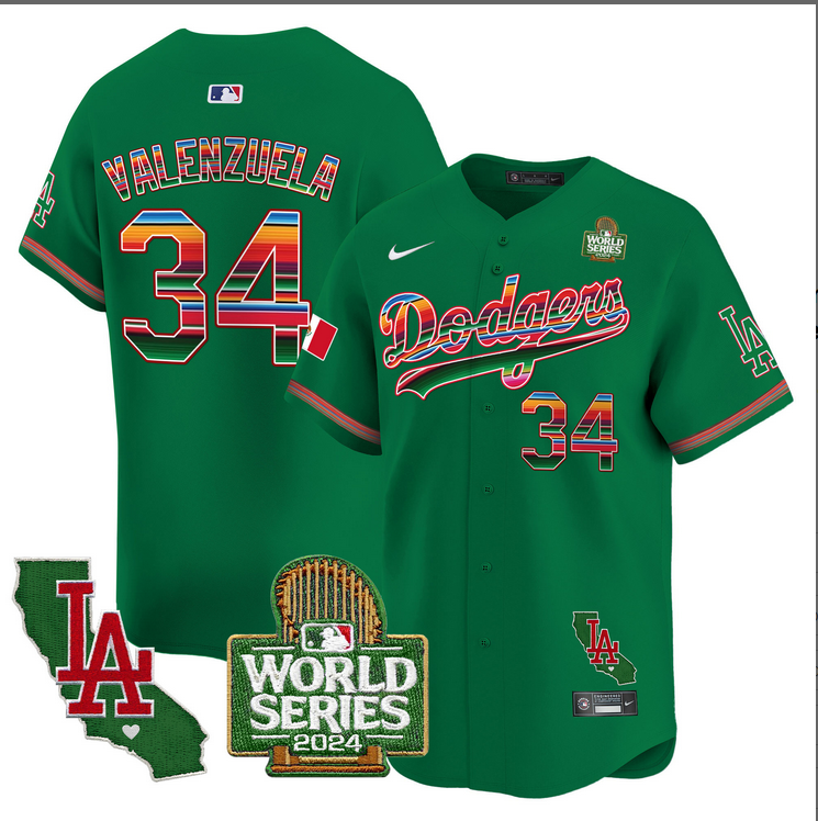 Men MLB Mexico Los Angeles Dodgers #34 Valenzuela green 2024 World Series Champions Patch Jersey 20241105